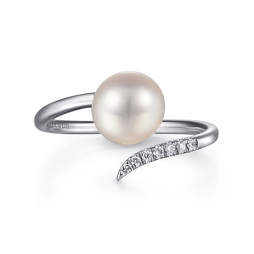 White Gold Cultured Pearl and Diamond Open Wrap Ring