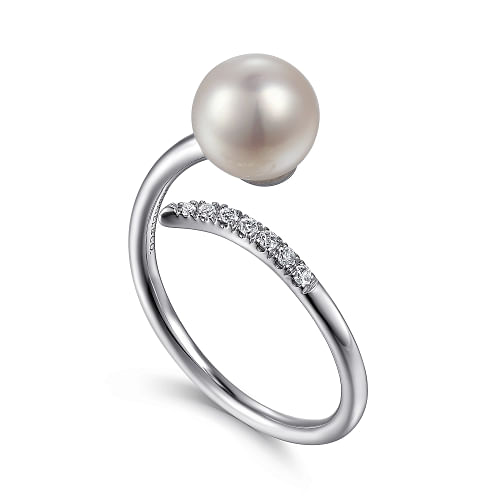 White Gold Cultured Pearl and Diamond Open Wrap Ring