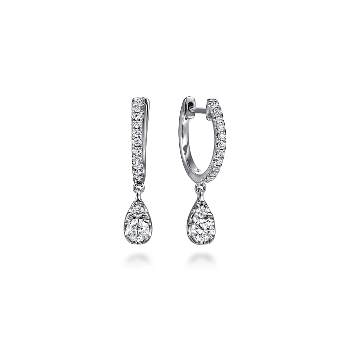 White Gold Teardrop Diamond Huggie Drop Earrings