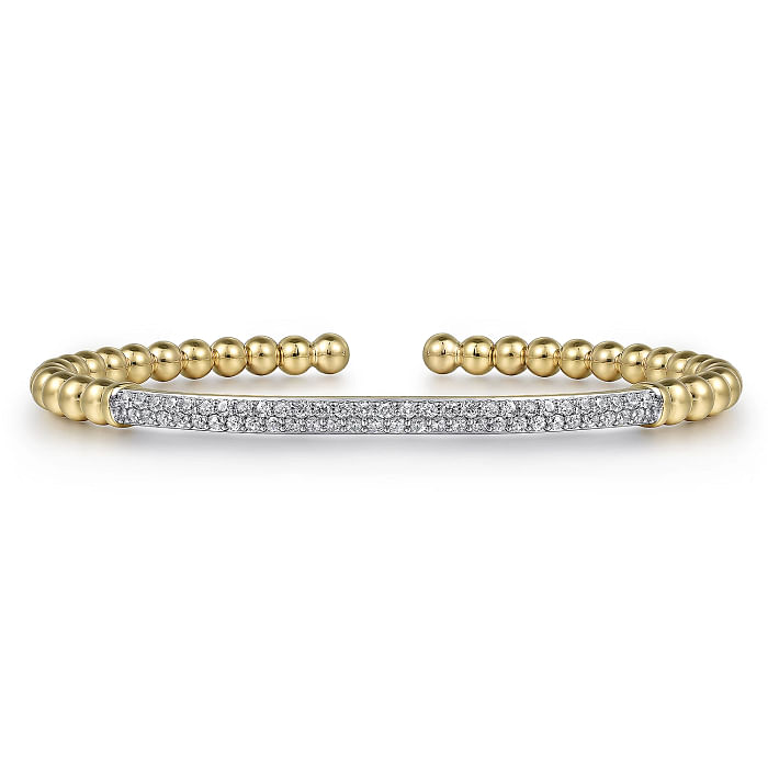 Yellow Gold Bujukan Beads and Pave Diamond Bar Cuff Bracelet