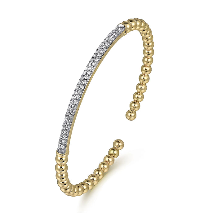 Yellow Gold Bujukan Beads and Pave Diamond Bar Cuff Bracelet