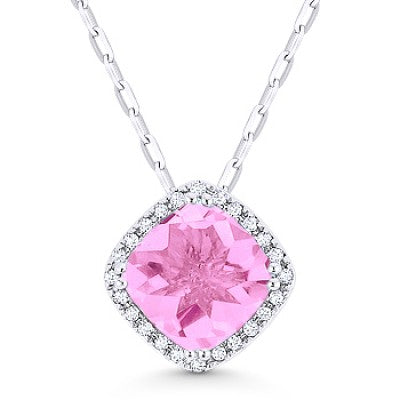 Cushion Shaped Created Pink Sapphire & Diamond Necklace