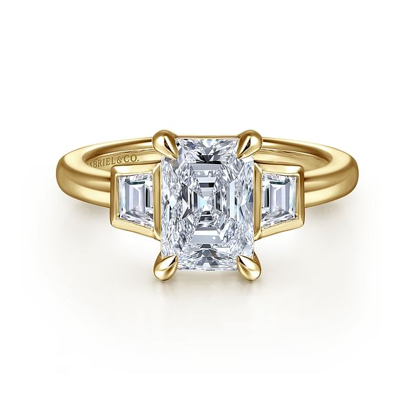 Lyon Yellow Gold Radiant Cut Three Stone Diamond Engagement Ring Setting