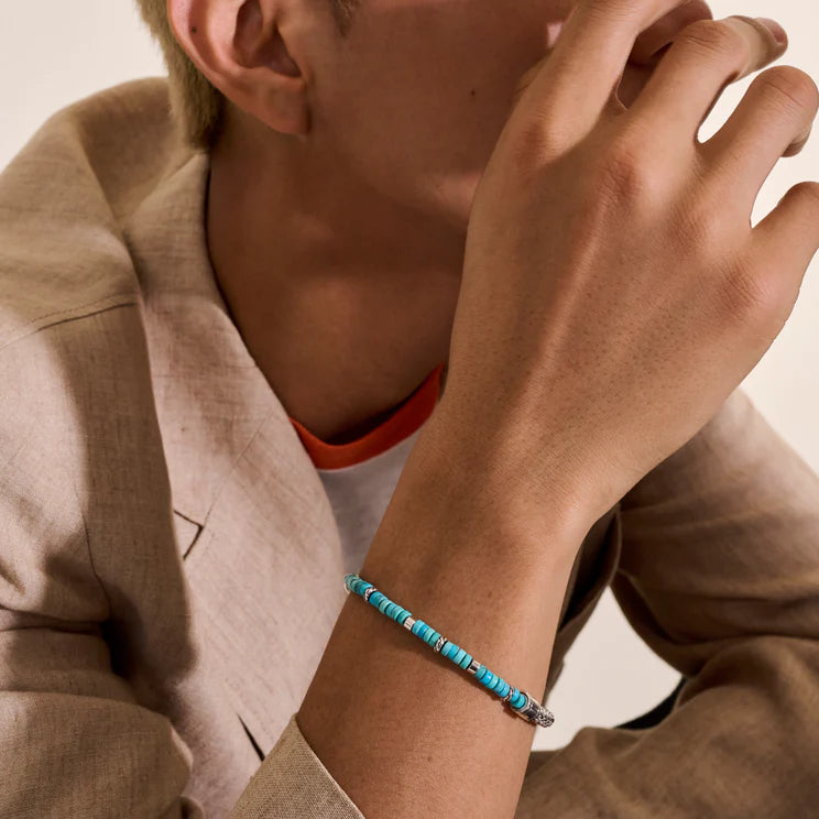 Sterling Silver Chain and Heishi Turquoise Bead Bracelet