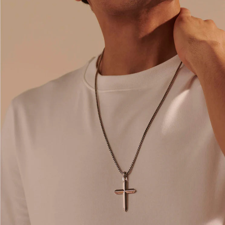 Sterling Silver Carved Cross Pendant Necklace