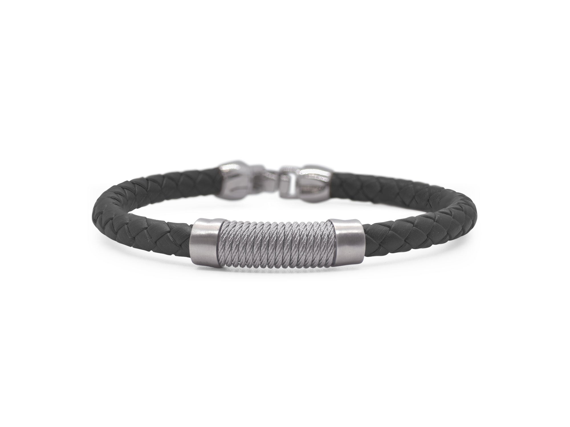 Men’s Black Leather & Grey Twisted Cable Bracelet