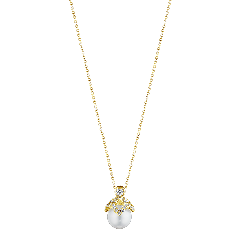 Petal Cap Diamond and Pearl Pendant Necklace