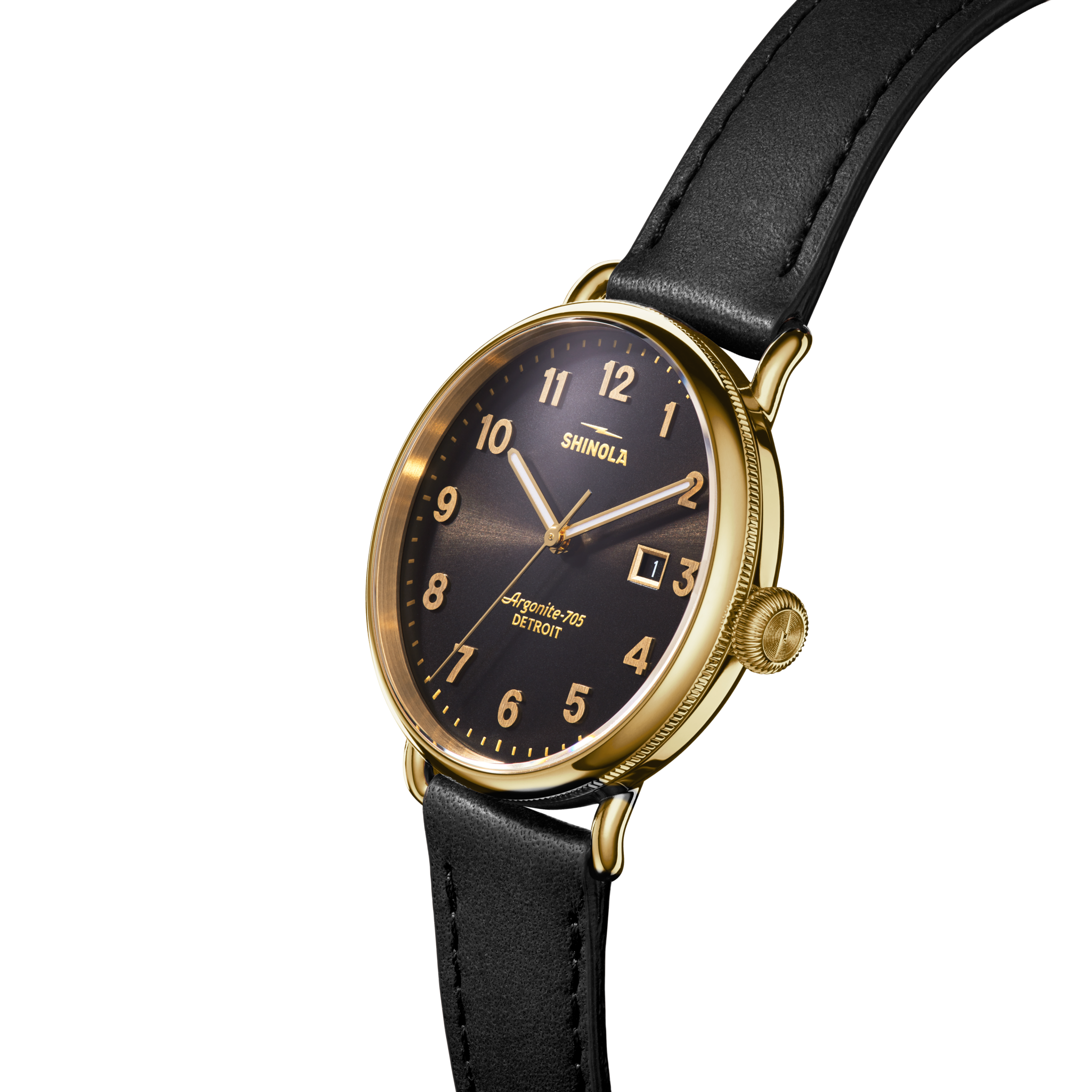 Shinola Canfield 3HD 38mm Watch, Espresso Black Dial - side view, gold-tone case