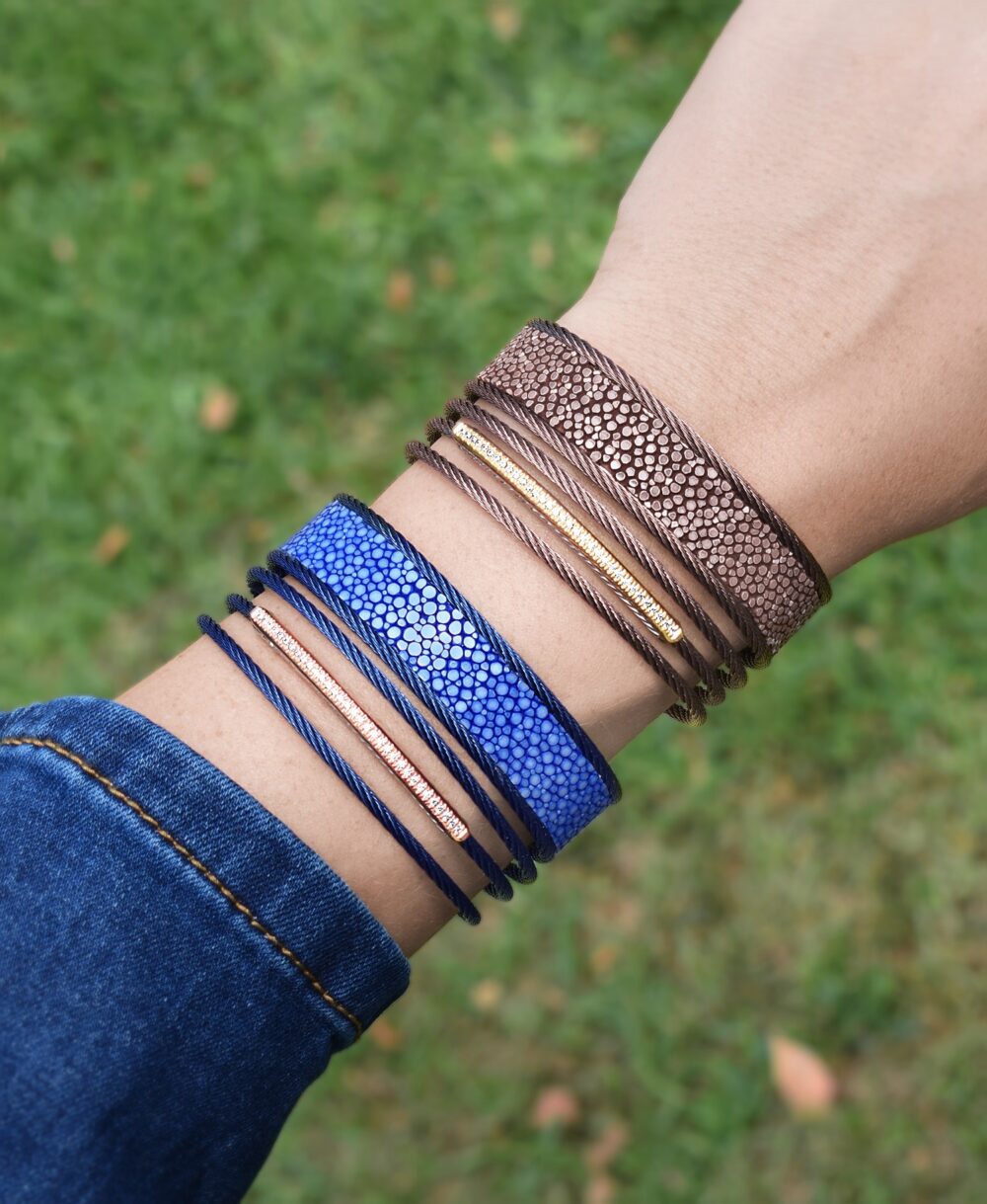 Blueberry Cable Stacked Wide Open Cuff with Blue Stingray and Diamonds