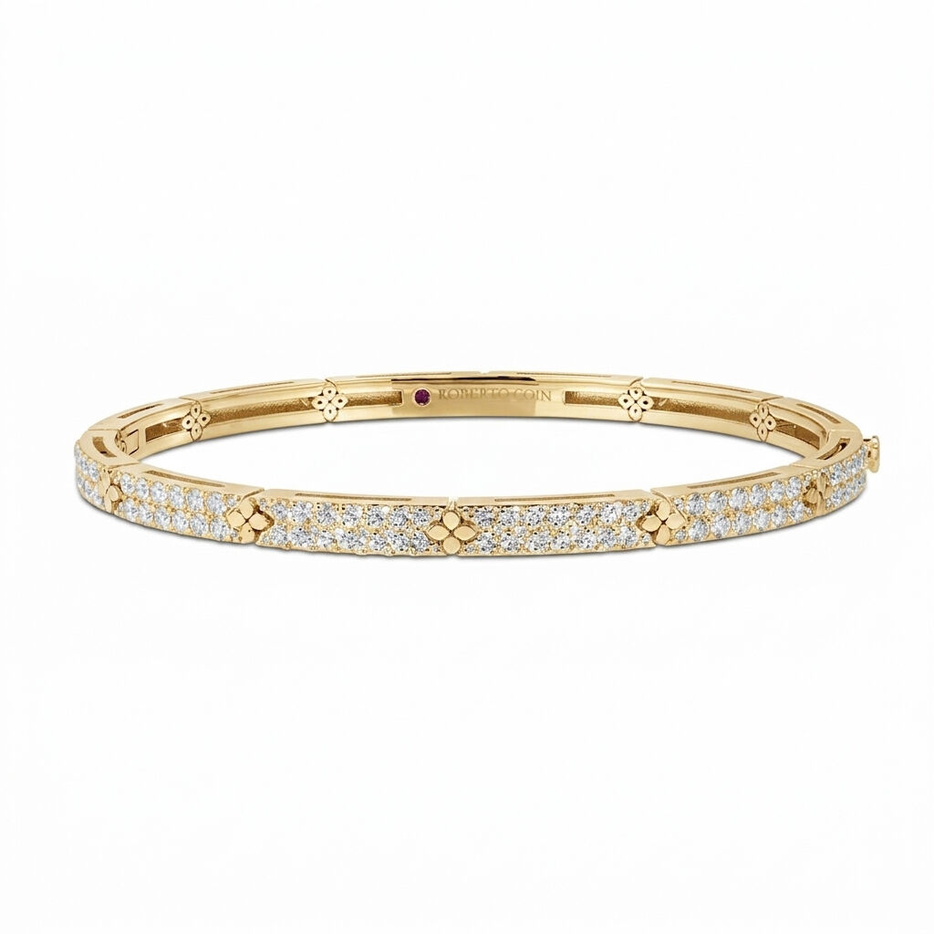 Love In Verona Narrow Pave Diamond And Polished Flowers Bangle