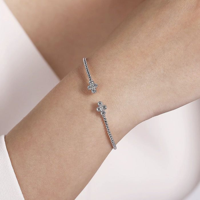 White Gold Bujukan Bead Split Cuff Bracelet with Quatrefoil Diamond Endcaps