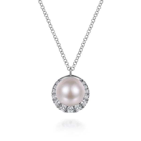 Pearl and Diamond Halo Pendant Necklace