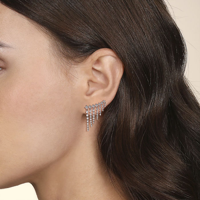 White Gold Diamond Tassel Ear Climber Earrings