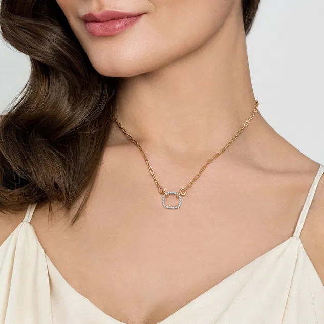 Open Cushion Shape Diamond Hollow Paperclip Chain Necklace