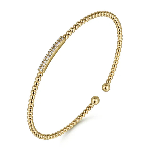 Yellow Gold Bujukan Bead Bangle with Pave Diamond Bar Station