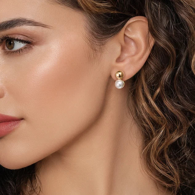 Yellow Gold Bujukan and Pearl Stud Earrings