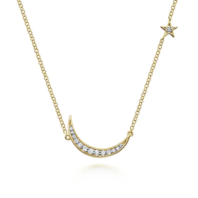 Crescent Moon and Star Diamond Pendant Necklace