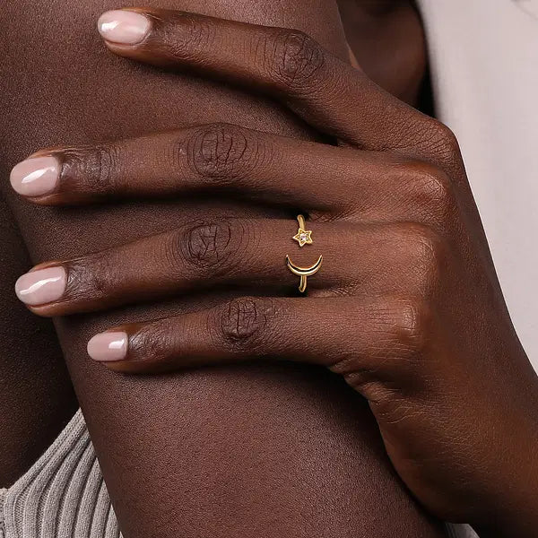 Yellow Gold White Sapphire Moon and Star Open Ring