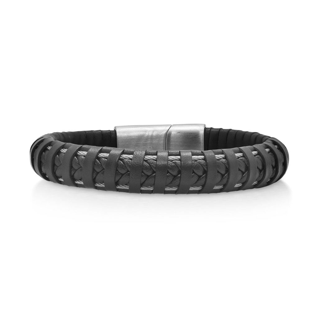 Men’s Black Leather Wrapped Bracelet with Grey Clasp