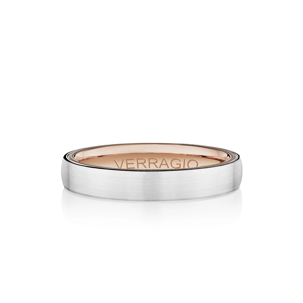 Verragio VW-4001 men's 14K white gold satin wedding band with rose gold beaded edge, 4mm