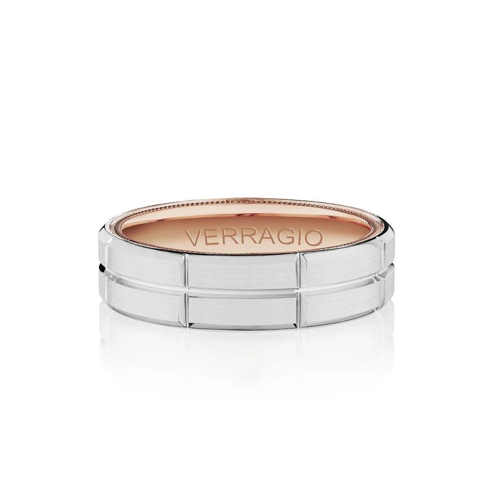 Verragio VW-6026 men's 14K white gold grid design wedding band with rose gold beaded edge, 6mm