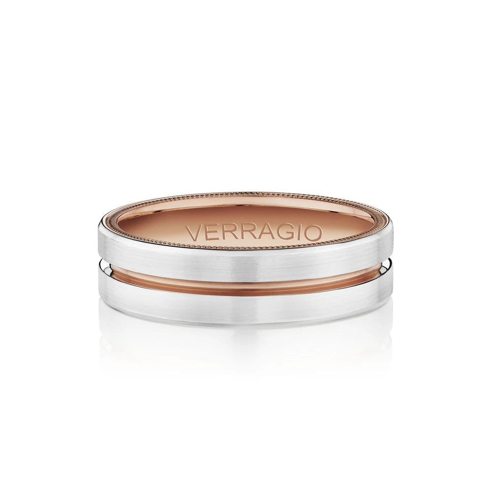 Verragio VW-6121 men's 14K white and rose gold grooved satin wedding band, 6mm