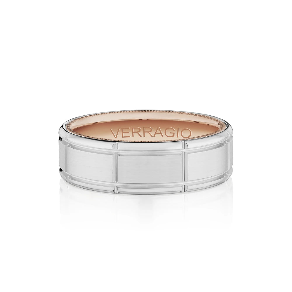 Verragio VW-7011 men's 14K white gold grid design wedding band with rose gold beaded edge, 7mm