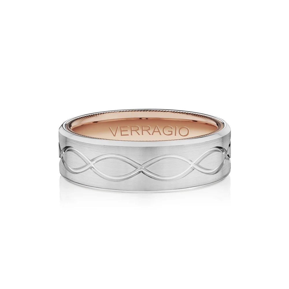 Verragio VW-7013 men's 14K white gold etched wedding band with rose gold beaded edge, 7mm