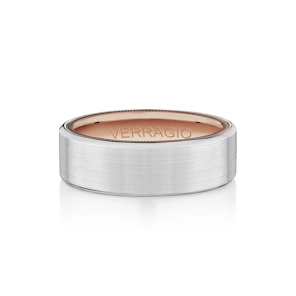 Verragio VW-7014 men's 14K white gold satin wedding band with rose gold beaded edge, 7mm