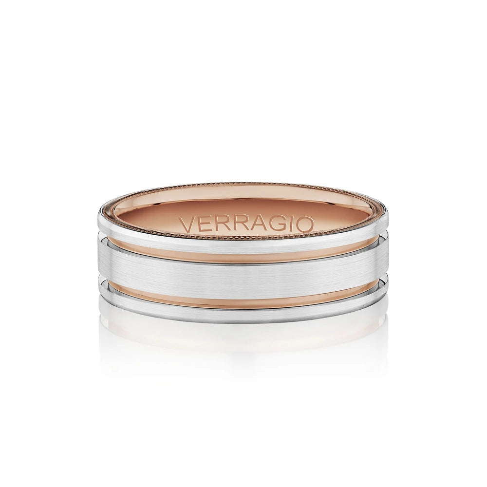 Verragio VW-7114 men's 14K white gold grooved satin wedding band with rose gold inlay, 7mm