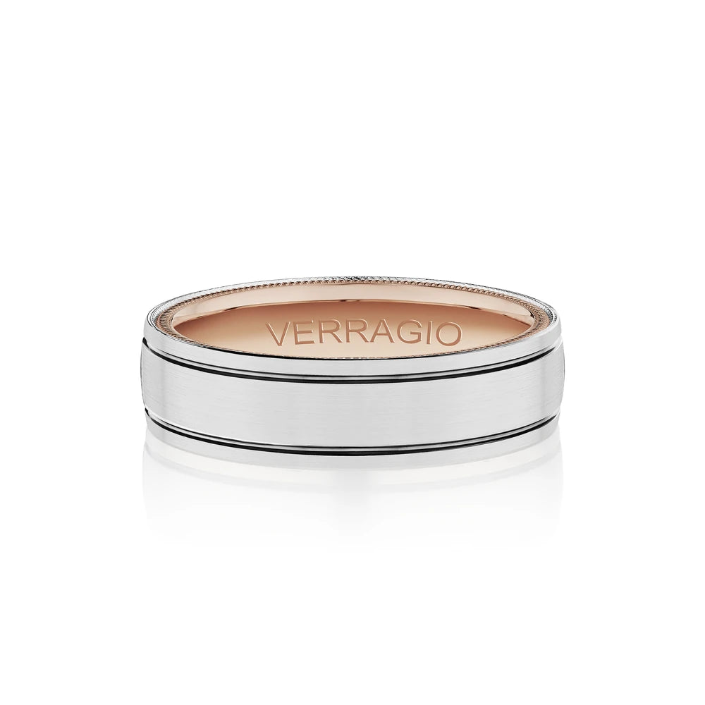 Verragio VWB-6024 men's 14K white gold satin wedding band with rose gold inlay, 6mm