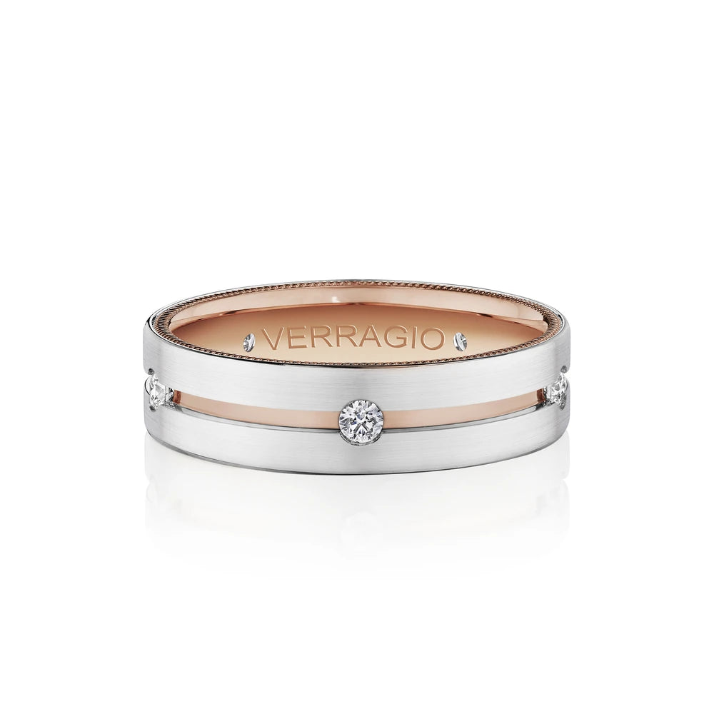 Verragio VWD-6921 men's 14K white gold diamond satin wedding band with rose gold inlay, 6mm, 0.25 ctw