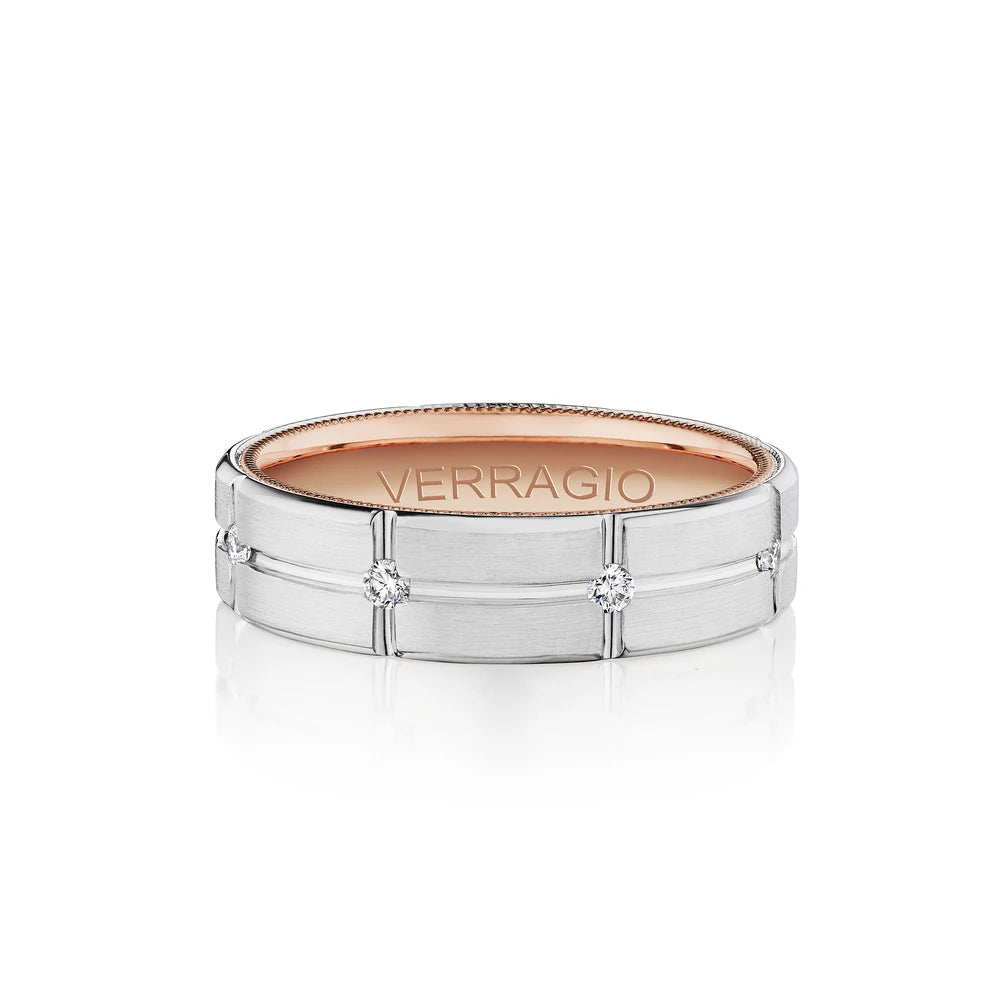 Verragio VWD-6927 men's 14K white gold diamond grid wedding band with rose gold beaded edge, 6mm, 0.51 ctw