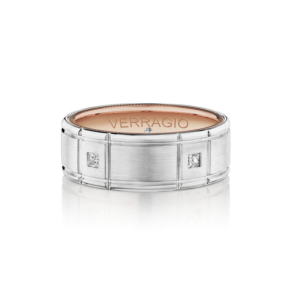 Verragio VWD-8905 men's 14K white gold square diamond wedding band with rose gold beaded edge, 8mm, 0.52 ctw