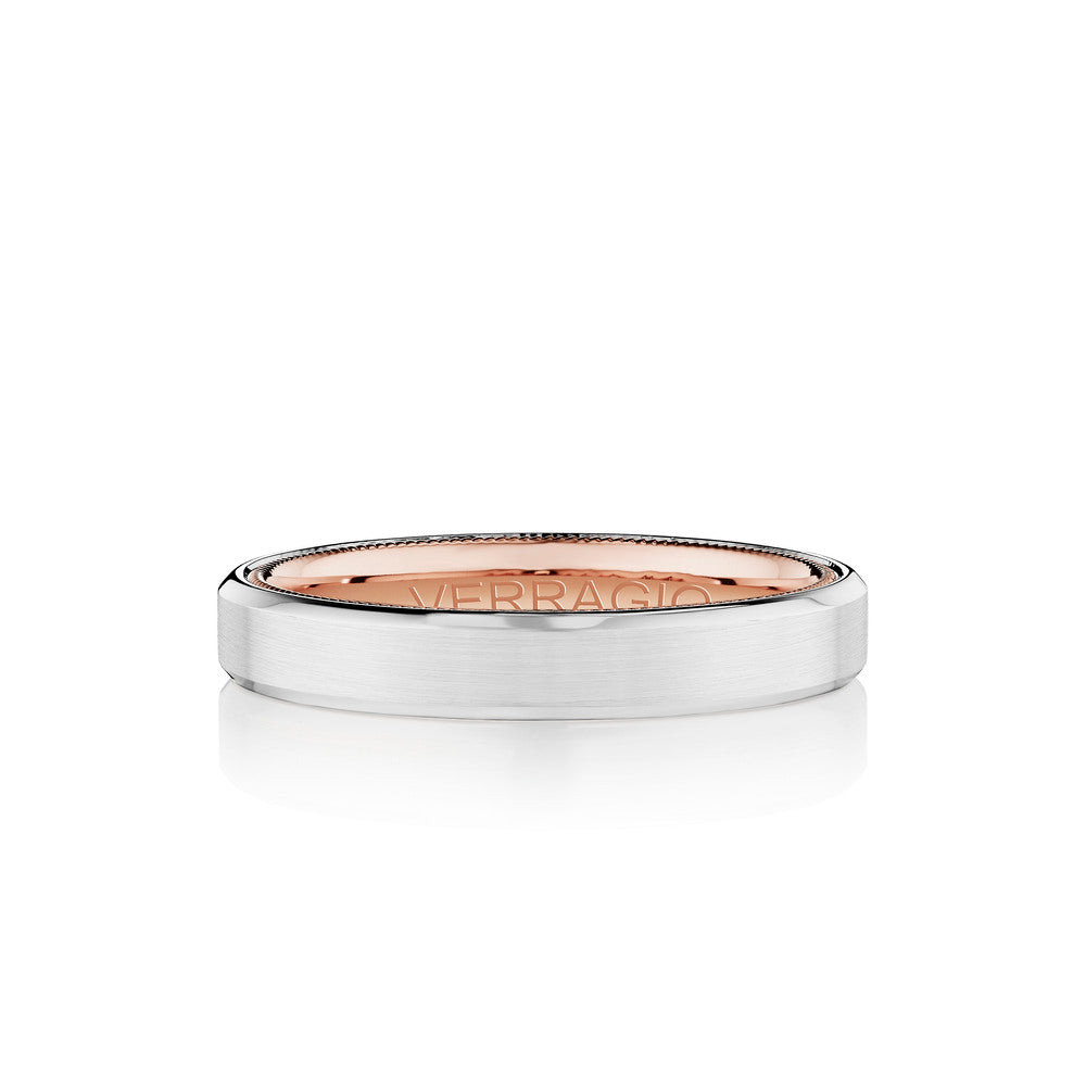 Verragio VW-4002 men's 14K white gold satin beveled edge wedding band with rose gold beaded edge, 4mm
