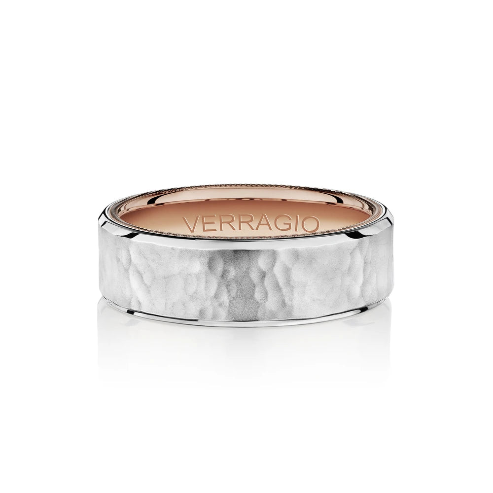 Verragio VW-7012 men's 14K white gold hammered wedding band with rose gold beaded edge, 7mm