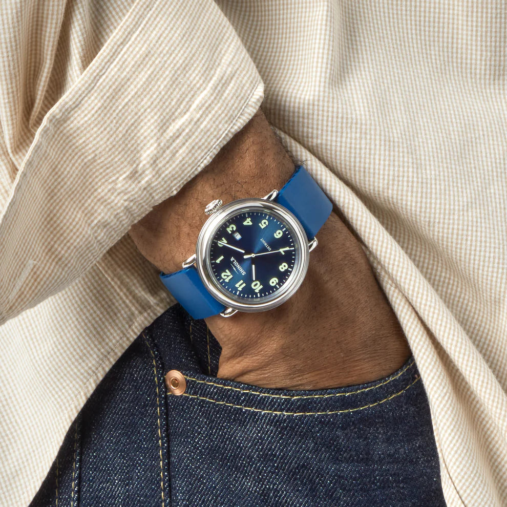 Stainless Steel and Blue Rubber 41MM Detrola Quartz Watch – Murphy Stainless Steel and Blue Rubber 41MM Detrola Quartz Watch – Murphy