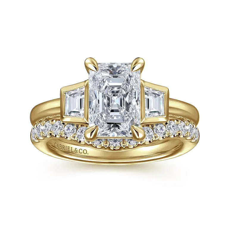 Lyon Yellow Gold Radiant Cut Three Stone Diamond Engagement Ring Setting