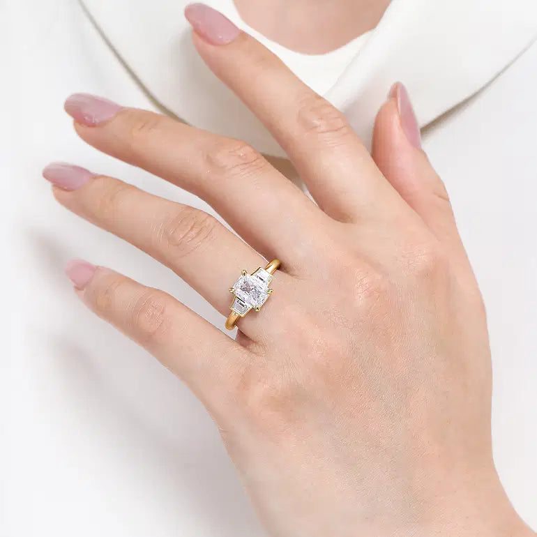 Lyon Yellow Gold Radiant Cut Three Stone Diamond Engagement Ring Setting