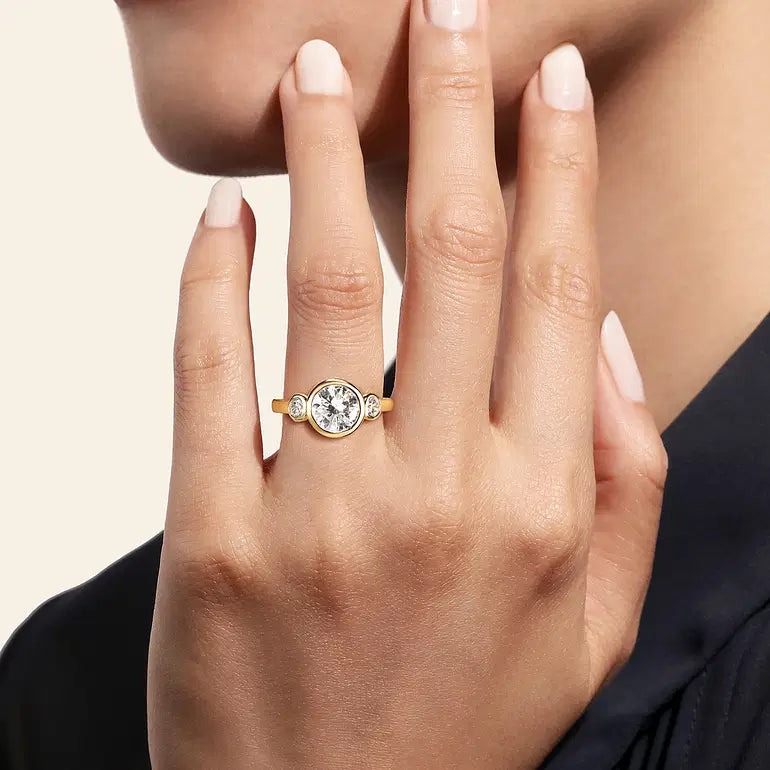 Henley Yellow Gold Round Three Stone Bezel Set Diamond Engagement Ring Setting