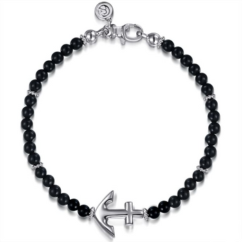 Men's Sterling Silver and 4mm Onyx Beaded Bracelet with Anchor