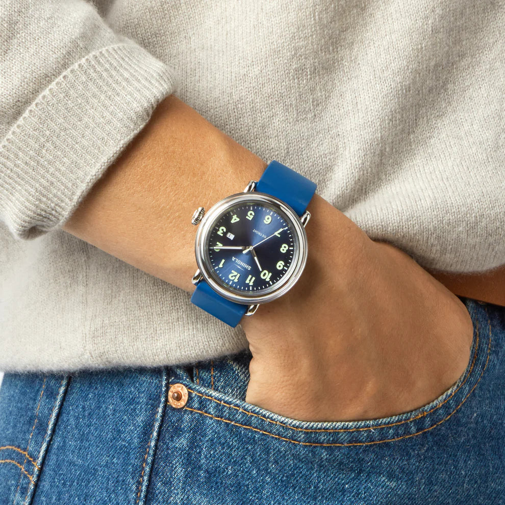 Stainless Steel and Blue Rubber 41MM Detrola Quartz Watch – Murphy Stainless Steel and Blue Rubber 41MM Detrola Quartz Watch – Murphy