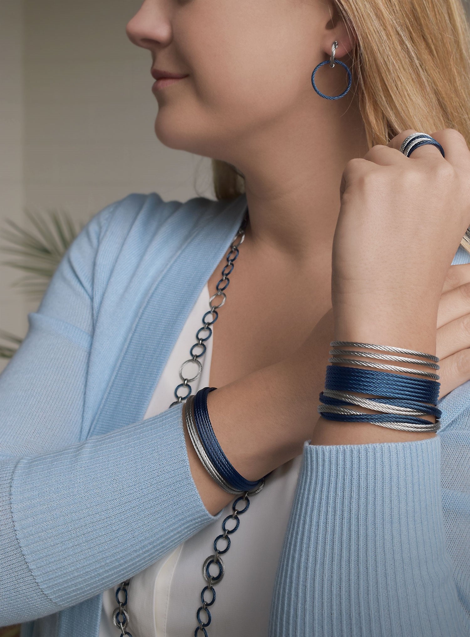 Blueberry & Grey Cable Stacked Wide Open Cuff