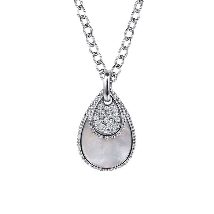 Sterling Silver Bujukan White Sapphire and White Mother of Pearl Teardrop Pendant Necklace
