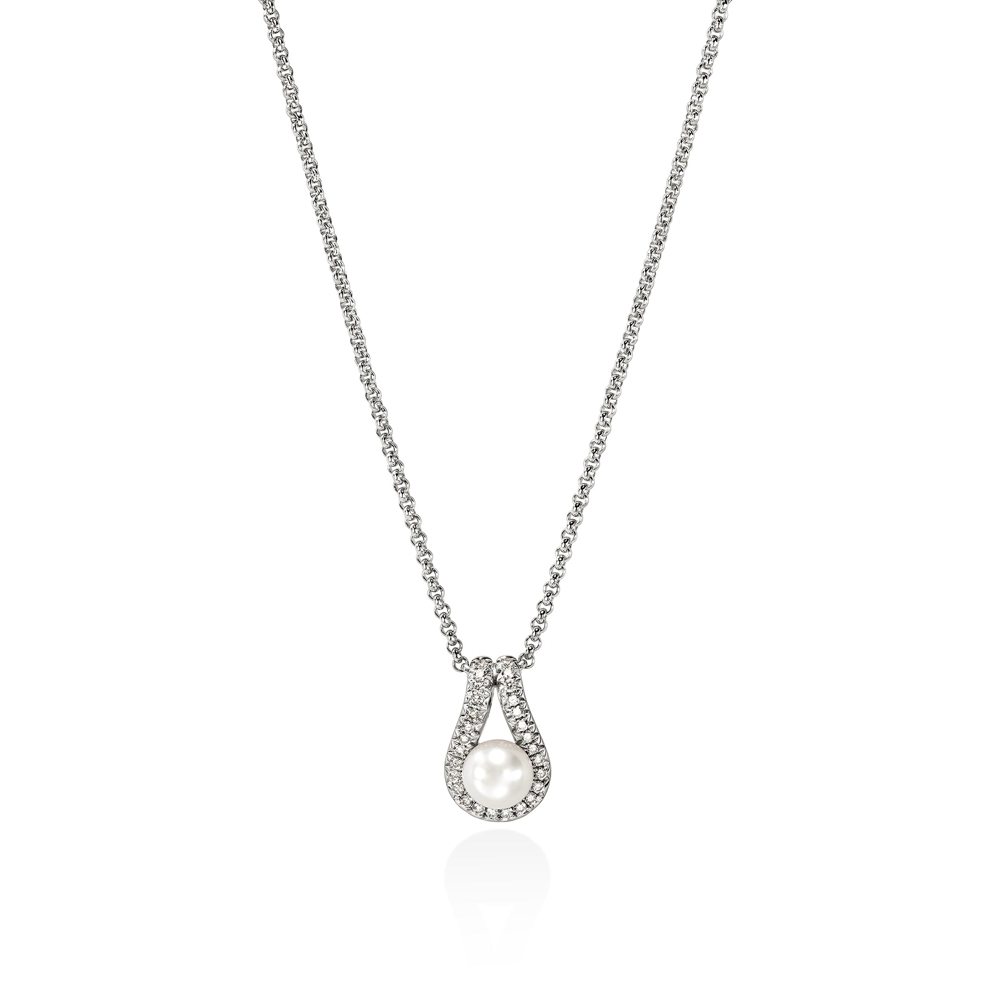 Sterling Silver Surf Pave Diamond and Cultured Freshwater Pearl Necklace