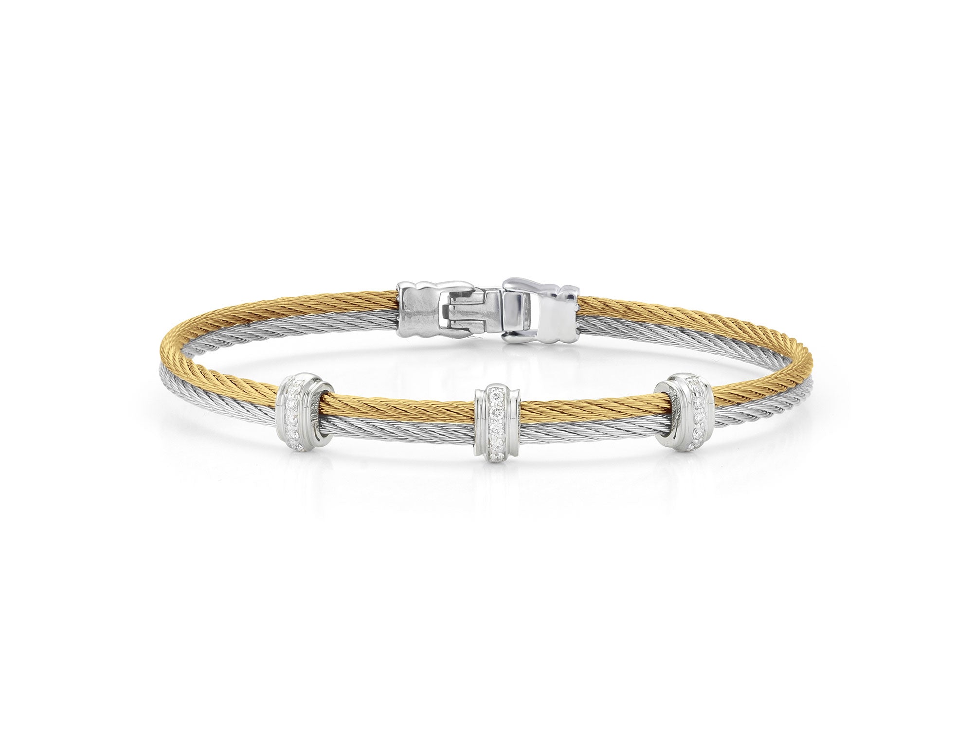 Yellow & Grey Cable Bracelet with Triple Diamond Stations