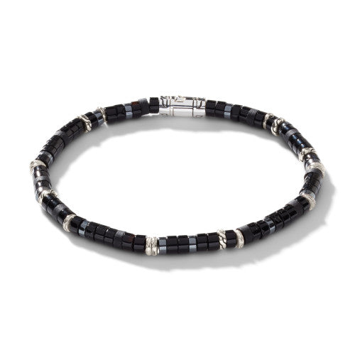 Men's Sterling Silver Heishi Black Onyx and Hematite Bead Bracelet, 4mm