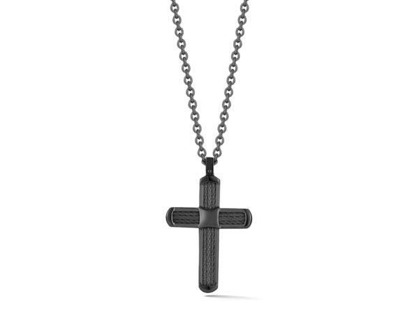 Men’s Black Cable Cross Necklace on Black Chain