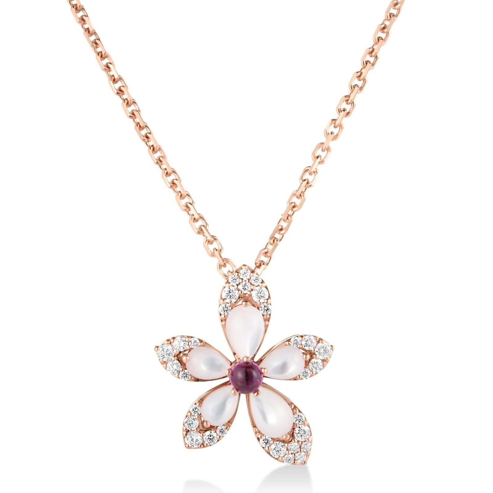 Tiare' Diamond, Rubellite, & Mother Of Pearl Flower Necklace
