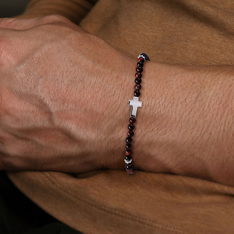 Sterling Silver Cross Bracelet with 4mm Tiger Eye Beads